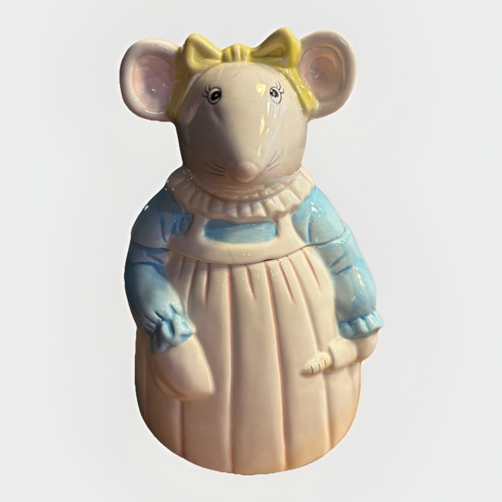Vintage Miss Mouse Cookie Jar Blue Dress Apron Rolling Pin **AS IS**